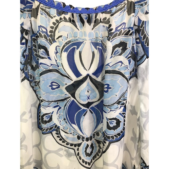 Hale Bob Women's Silk Beaded Tunic Top White & Blue Persian Floral Print Sheer S - Picture 3 of 11